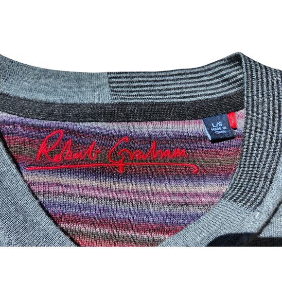 Robert Graham Wool Sweater Men’s Sz L Grey V-Neck Long Sleeve Preppy CozyCore - Picture 5 of 10
